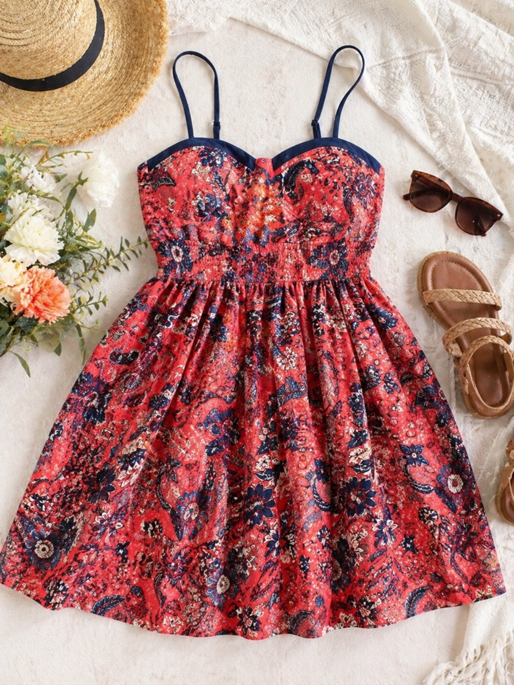 B.O.G Collective Coral & Navy Floral Dress | Adjustable Straps | Pockets | Sz M